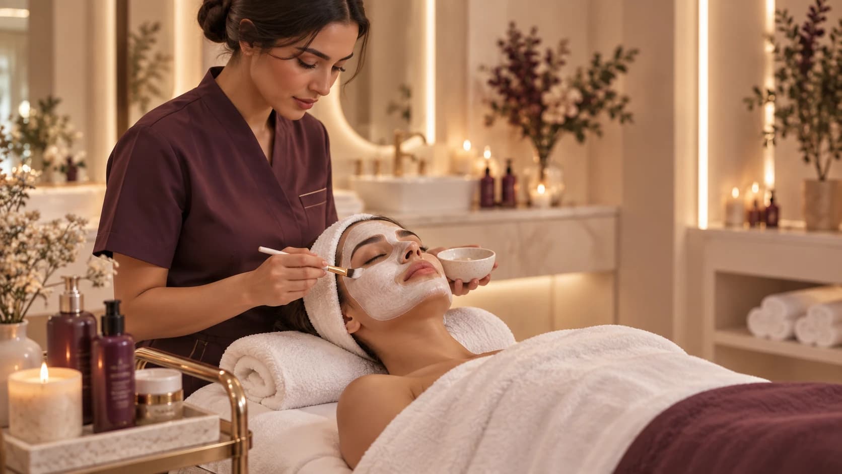 جلسة عناية بالبشرة داخل صالون احترافي عند اختيار صالون التجميل المناسب