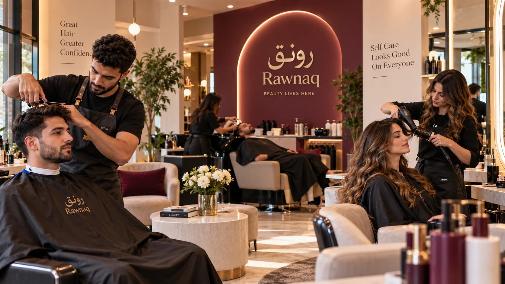 صالون رونق يخدم الرجال والنساء مع حلاق يصفف شعر رجل ومصففة شعر تعمل مع عميلة