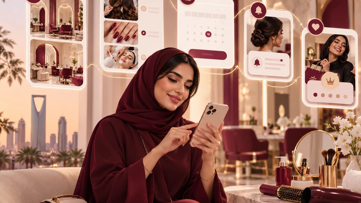 رحلة العميل الرقمية من اكتشاف الصالون إلى اختيار الخدمة وحجز الموعد